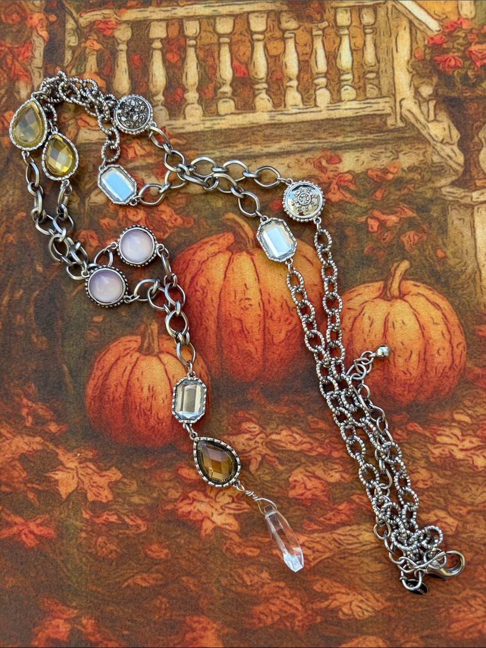 Chico's Silver-Tone Long Station necklace with Pink and Yellow Stones DISCOUNT